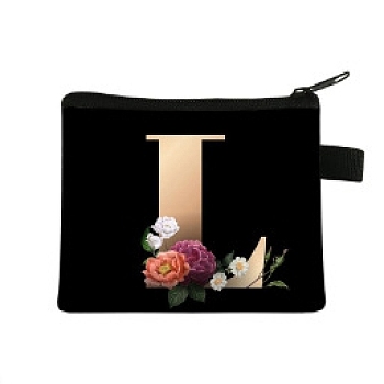 Initial Letter with Flower Cosmetic Bag, Polyester Wallets with Zipper, Black Change Purse, Clutch Bag for Women, Letter L, 11x13.5cm