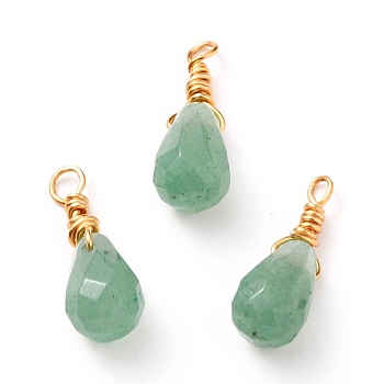 Wire Wrapped Faceted Natural Green Aventurine Pendants, with Golden Plated Brass Wire, Teardrop, 16mm, Hole: 2mm