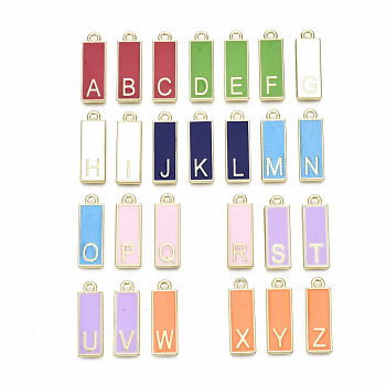 Alloy Enamel Pendants, Cadmium Free & Lead Free, Rectangle with Initial Letters, Light Gold, Random Mixed Letters, 23.5x8x2mm, Hole: 1.8mm