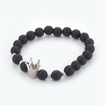 Natural Black Agate(Dyed) Beads Stretch Bracelets, with Brass Micro Pave Cubic Zirconia Beads, Crown, Clear, Platinum, 2-1/8 inch(5.5cm)