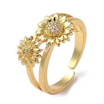Rack Plating Brass Cubic Zirconia Open Cuff Rings, Sunflower, Cadmium Free & Lead Free, Real 18K Gold Plated, Inner Diameter: 17.8mm