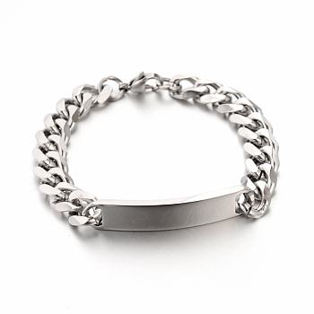 304 Stainless Steel Curb Link Chain ID Bracelets, Faceted, Stainless Steel Color, 8-1/2 inch(215mm), 10.5mm