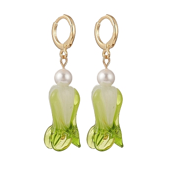 Handmade Lampwork Chinese Cabbage Dangle Leverback Earrings, with Round Shell Pearl Beads, 304 Stainless Steel Jewelry for Women, Real 24K Gold Plated, Medium Sea Green, 45mm