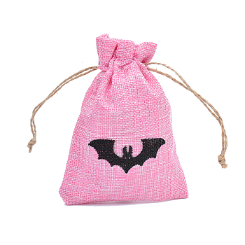Halloween Burlap Packing Pouches, Drawstring Bags, Rectangle with Bat Pattern, Hot Pink, 15x10cm