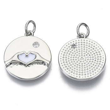 Brass Micro Pave Cubic Zirconia Pendants, with Enamel & Jump Rings, Nickel Free, Valentine's Day, Flat Round with Heart, Clear, Real Platinum Plated, White, 18x16x2.5mm, Jump Ring: 5.5x0.8mm, inner diameter: 3mm.