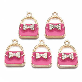 Rack Plating Alloy Enamel Pendants, with Crystal Rhinestone, Cadmium Free & Nickel Free & Lead Free, Bag, Deep Pink, 23.5x17.5x6mm, Hole: 2mm