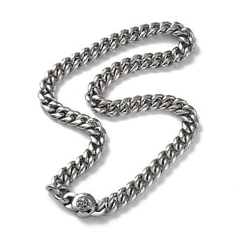 304 Stainless Steel Cuban Link Chain Necklaces, with Skull Clasps, Stainless Steel Color, 24.13 inch(61.3cm)