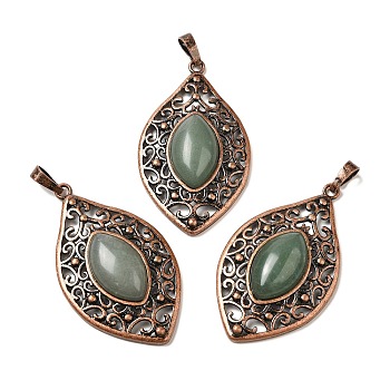 Natural Green Aventurine Pendants, Brass Horse Eye Charms, Red Copper, Lead Free & Cadmium Free, 48x28x7.5mm, Hole: 8x5mm