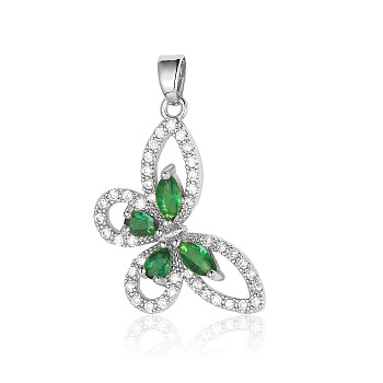 Brass Micro Pave Green Cubic Zirconia Pendants, Butterfly Charms, Platinum, 25x14x4.5mm