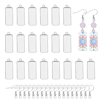 DIY Dangle Earring Making, with 304 Stainless Steel Pendant Cabochon Settings and 304 Stainless Steel Earring Hooks, Rectangle, Stainless Steel Color, Tray: 10x25mm, 30x11x2mm, Hole: 2mm, 20x19x3mm, Hole: 2mm, Pin: 0.7mm