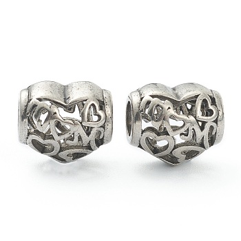 304 Stainless Steel European Beads, Large Hole Beads, Hollow Heart, Antique Silver, 11x12.5x10mm, Hole: 4.5mm