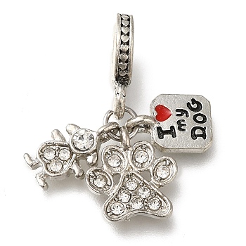 Rack Plating Alloy Enamel European Dangle Charms, Dog & Paw Print Large Hole Pendants with Crystal Rhinestone, Antique Silver & Platinum, 27.5mm, Hole: 5mm