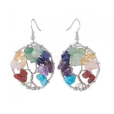 Natural & Synthetic Mixed Gemstone Chips Braided Ring with Tree of Life Dangle Earrings(EJEW-JE04881-01)-3