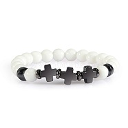 Round Natural White Jade Beaded Stretch Bracelets, Cross Synthetic Non-magnetic Hematite Bracelets for Women Men(ED3000-4)