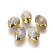 Natural Baroque Pearl Cultured Freshwater Pearl Beads, with Golden Plated Brass Findings, Nuggets, Golden, 28~30x19~21x14~17mm, Hole: 1mm(PEAR-F011-23G)