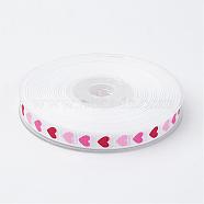 Polyester Grosgrain Ribbon, with Heart Printed, White, 3/8 inch(9mm), about 100yards/roll(91.44m/roll)(SRIB-D060-9mm-02)