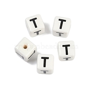 Porcelain Beads, Square with Letter, Letter T, 8.5x8.5x8.5mm, Hole: 1.6mm(PORC-R003-08T)