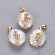 Natural Cultured Freshwater Pearl Pendants, with Brass Micro Pave Cubic Zirconia Findings, Nuggets with Letter, Long-Lasting Plated, Golden, Clear, Letter.S, 17~27x12~16x6~12mm, Hole: 4x2.5mm(KK-L187-A-01S)