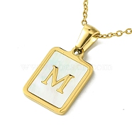 Ion Plating(IP) Rectangle with Initial Letter 304 Stainless Steel Pendant Necklace, white Shell, Real 18K Gold Plated, Letter M, 16.06 inch(40.8cm)(NJEW-R265-04G-M)