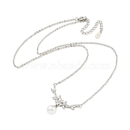 Brass Cable Chain Necklaces, Imitation Round Pearl with Plastic Flower Pendant Necklaces, Platinum, 17.09 inch(434mm)(NJEW-Z037-02P)