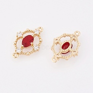 Brass Cubic Zirconia Links, Real 18K Gold Plated, Nickel Free, Oval, Red, 17.5x12x2.5mm, Hole: 1mm(X-KK-T038-550A-NF)