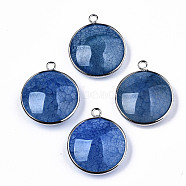 Natural Crackle Agate Pendants, with Platinum Plated Brass Findings, Dyed & Heated, Flat Round, Steel Blue, 27~28x23~24x7~9.5mm, Hole: 2mm(G-N326-87A-07)