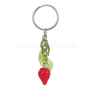 Resin Strawberry Pendant Keychain, with Acrylic Leaf Charm and Iron Keychain Ring, Red, 7.5cm(KEYC-JKC00651-02)