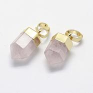 Natural Rose Quartz Pointed Charms, with Brass Findings, Long-Lasting Plated, Bullet, Golden, 15x6~6.5mm, Hole: 3.5x6mm(G-G720-12-G07)