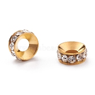 Brass Rhinestone Spacer Beads, Grade A, Rondelle, Golden Metal Color, Crystal, 9x4mm, Hole: 4mm(RB-A020-9mm-01G)