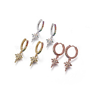 Brass Dangle Hoop Earrings, with Micro Pave Cubic Zirconia, Star, Colorful, Mixed Color, 29mm, Pin: 0.7mm(EJEW-F198-03)