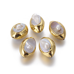 Natural Baroque Pearl Cultured Freshwater Pearl Beads, with Golden Plated Brass Findings, Nuggets, Golden, 28~30x19~21x14~17mm, Hole: 1mm(PEAR-F011-23G)