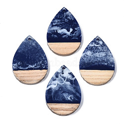 Opaque Resin & Walnut Wood Pendants, Two Tone, Teardrop, Blue, 36.5x24.5x3mm, Hole: 2mm(X-RESI-T035-28-B01)