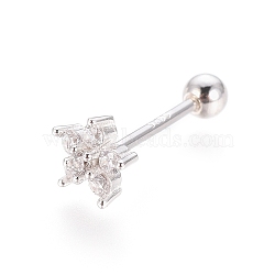 Anti-Tarnish Rhodium Plated 925 Sterling Silver Barbell Cartilage Earrings, Screw Back Earrings, with Micro Pave Clear Cubic Zirconia, with 925 Stamp, Flower, Platinum, 5.5x6x3mm, Pin: 0.8mm(STER-I018-03P)