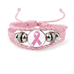 Imitation Leather Triple Layer Multi-strand Bracelet, October Breast Cancer Pink Awareness Ribbon Alloy Glass Links Adjustable Bracelet for Women, Pink, 7-1/8 inch(18cm)(PW-WG15541-06)