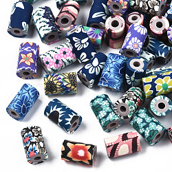 Handmade Polymer Clay Beads, Column with Jewelry Crafts Pattern, Mixed Color, 11x6~7.5mm, Hole: 2~3mm(CLAY-N008-046)