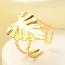 304 Stainless Steel Open Cuff Ring for Women, Real 18K Gold Plated, Leaf, Leaf: 25x17mm, Adjustable(RJEW-B109-03G-01)