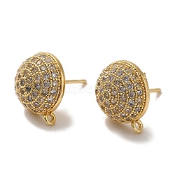 Rack Plating Brass Micro Pave Cubic Zirconia Studs Earrings Findings, Long-Lasting Plated, Lead Free & Cadmium Free, Half Round, Real 18K Gold Plated, 13.5x11.5mm, Hole: 1mm, Pin: 11x0.9mm(KK-A231-01G)