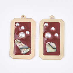Epoxy Resin Pendants, with ABS Plastic Imitation Pearl and Shell, Alloy Findings and Enamel, Rectangle, Matte Gold Color, Red, 40.5x21x4.5~5.5mm, Hole: 1.5mm(RESI-S365-67C)