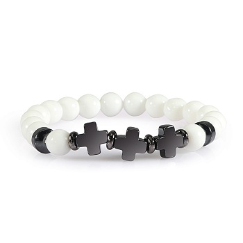 Round Natural White Jade Beaded Stretch Bracelets, Cross Synthetic Non-magnetic Hematite Bracelets for Women Men