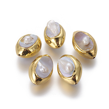 Natural Baroque Pearl Cultured Freshwater Pearl Beads, with Golden Plated Brass Findings, Nuggets, Golden, 28~30x19~21x14~17mm, Hole: 1mm