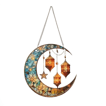 Stained Acrylic & Iron Suncatchers, Wall Hanging Ornaments, for Garden & Window Decoration, Moon, 340mm