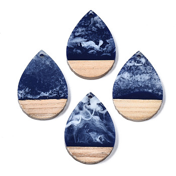 Opaque Resin & Walnut Wood Pendants, Two Tone, Teardrop, Blue, 36.5x24.5x3mm, Hole: 2mm