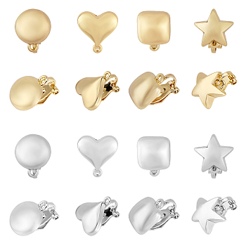 16Pcs 8 Style Alloy Clip-on Earring Findings, with Horizontal Loops, Square & Flat Round & Heart & Star, Platinum & Golden, 16~17x10~14x9.5~16mm, Hole: 1.2mm, 2Pcs/color