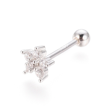 Anti-Tarnish Rhodium Plated 925 Sterling Silver Barbell Cartilage Earrings, Screw Back Earrings, with Micro Pave Clear Cubic Zirconia, with 925 Stamp, Flower, Platinum, 5.5x6x3mm, Pin: 0.8mm