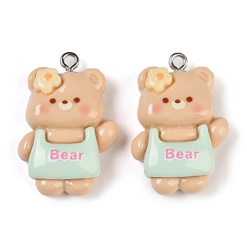 Bear Resin Pendants, with Platinum Iron Loops, BurlyWood, 29x20x7.5mm, Hole: 2mm