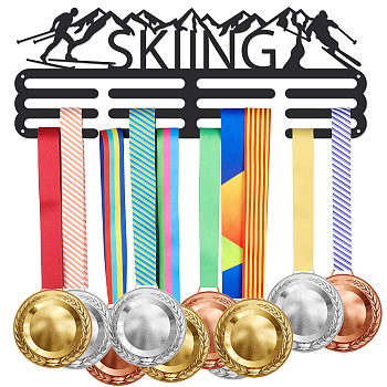Fashion Iron Medal Hanger Holder Display Wall Rack, with Screws, 3 Line, Word Skiing, Sports Themed Pattern, 150x400mm
