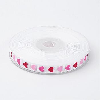 Polyester Grosgrain Ribbon, with Heart Printed, White, 3/8 inch(9mm), about 100yards/roll(91.44m/roll)