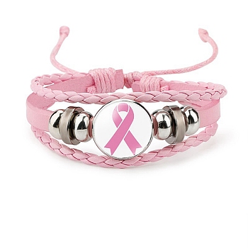 Imitation Leather Triple Layer Multi-strand Bracelet, October Breast Cancer Pink Awareness Ribbon Alloy Glass Links Adjustable Bracelet for Women, Pink, 7-1/8 inch(18cm)