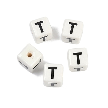 Porcelain Beads, Square with Letter, Letter T, 8.5x8.5x8.5mm, Hole: 1.6mm