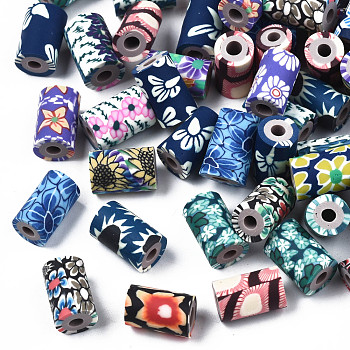 Handmade Polymer Clay Beads, Column with Jewelry Crafts Pattern, Mixed Color, 11x6~7.5mm, Hole: 2~3mm
